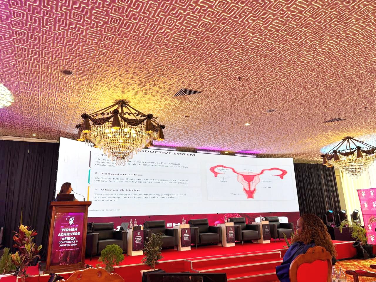 Dr. Sarita Sukhija presenting her keynote on women's reproductive health at Women Achievers Africa Conference 2026