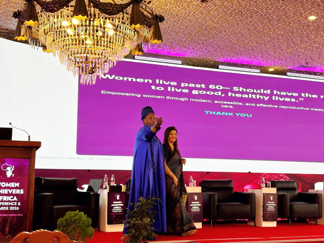 Dr. Sarita Sukhija concluding her keynote on empowering women through reproductive medical care at Women Achievers Africa 2026